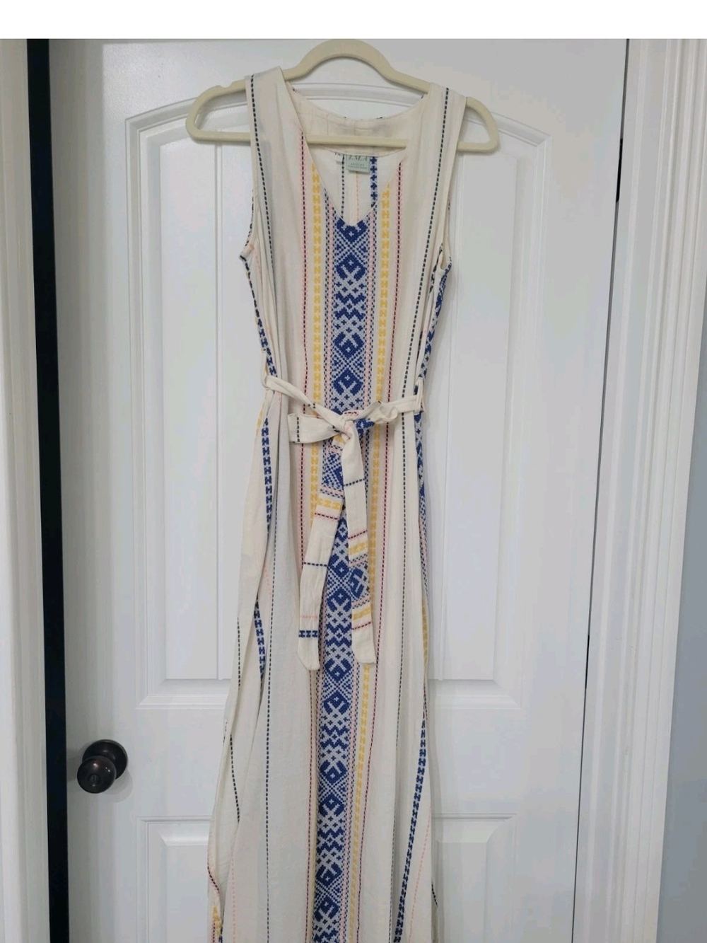 GREEK Embroidered Geometric V-Neck Sleeveless Maxi Dress Belted Cotton L